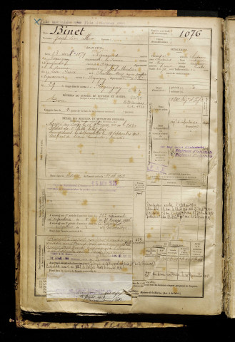 Binet, Joseph Léon Albert, né le 13 avril 1879 à Vignacourt (Somme), classe 1899, matricule n° 1076, Bureau de recrutement d'Amiens