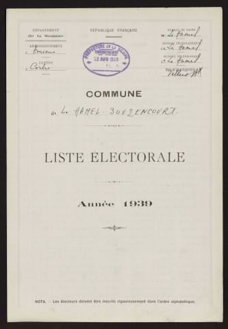 Liste électorale : Hamel (Le) (Hamel-Bouzencourt (Le))