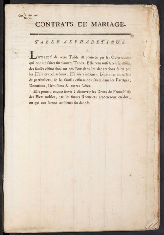 Tables des contrats de mariage du bureau de Conty pour la période 1784-1810