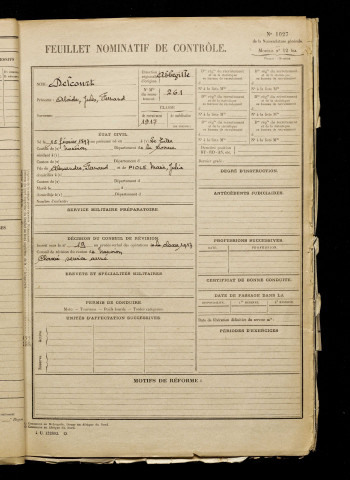 Delcourt, Alcide Jules Fernand, né le 15 février 1897 à Titre (Le) (Somme), classe 1917, matricule n° 261, Bureau de recrutement d'Abbeville