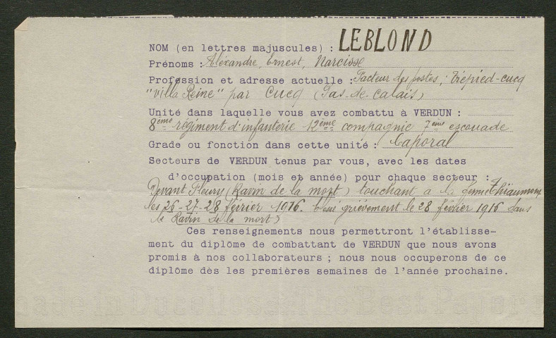 Témoignage de Leblond, Alexandre (Caporal) et correspondance avec Jacques Péricard