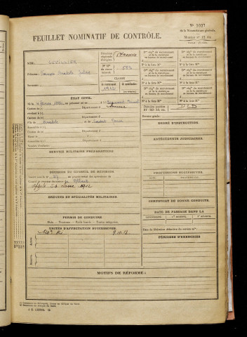 Cuvillier, François Anatole Julien, né le 04 février 1892 à Beaumont-Hamel (Somme), classe 1912, matricule n° 583, Bureau de recrutement de Péronne