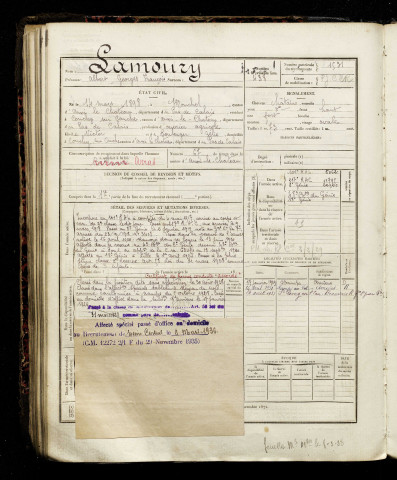 Lamoury, Albert Georges François, né le 14 mars 1898 à Monchel-sur-Canche (Pas-de-Calais), classe 1918, matricule n° 1531, Bureau de recrutement d'Amiens