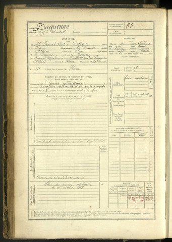 Duquenne, Joseph Edouard, né le 25 février 1862 à Athies (Somme, France), classe 1882, matricule n° 85, Bureau de recrutement de Péronne