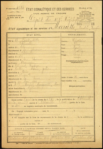 Marcotte, André Eugène, né le 17 août 1892 à Abbeville (Somme), classe 1912, matricule n° 405, Bureau de recrutement d'Abbeville
