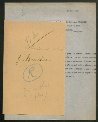 Témoignage de Brasseur, J (Lieutenant colonel) et correspondance avec Jacques Péricard
