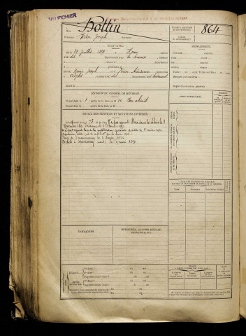 Bottin, Victor Joseph, né le 21 juillet 1889 à Ham (Somme), classe 1909, matricule n° 864, Bureau de recrutement de Péronne