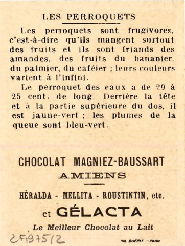 Chocolat Magniez-Baussart, Amiens. Perroquet des Baux. Kakadou corbeau