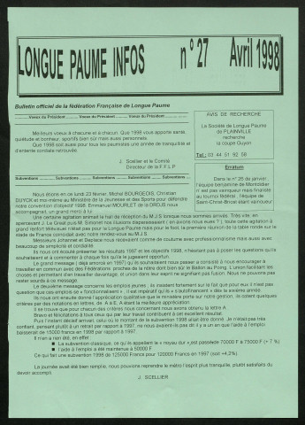 Longue Paume Infos (numéro 27), bulletin officiel de la Fédération Française de Longue Paume