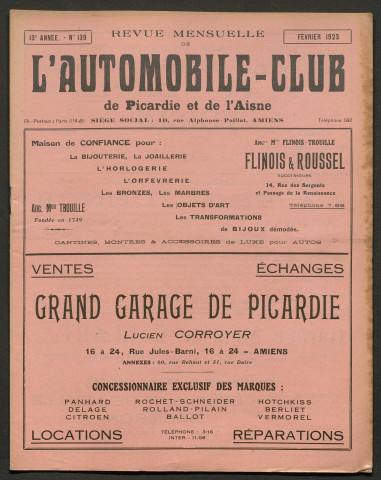 L'Automobile-club de Picardie et de l'Aisne. Revue mensuelle, 139, février 1923