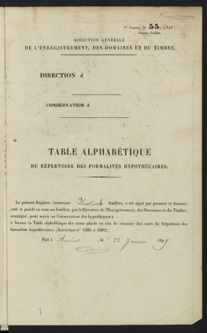 Table alphabétique du répertoire des formalités, de Dineuf à Donel, registre n° 55 (Abbeville)