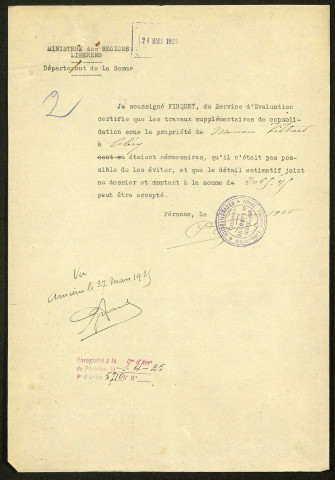 Cléry-sur-Somme. Demande d'indemnisation des dommages de guerre : dossier Viltard (travaux de comblement d'une sape)