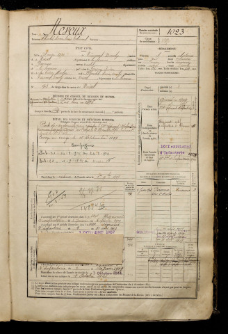 Neveux, Charles Marie Louis Edouard, né le 31 mai 1873 à Tincourt-Boucly (Somme), classe 1893, matricule n° 1023, Bureau de recrutement de Péronne