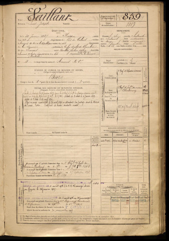 Vaillant, Louis Joseph, né le 31 janvier 1867 à Hesdin (Pas-de-Calais), classe 1887, matricule n° 859, Bureau de recrutement d'Amiens