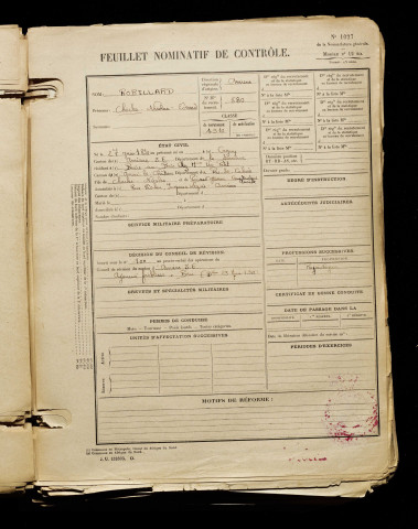 Robillard, Charles Nicolas Edouard, né le 27 juin 1890 à Cagny (Somme), classe 1910, matricule n° 580, Bureau de recrutement d'Amiens