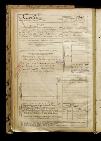 Cuvilliez, Arthur Joseph, né le 09 juillet 1876 à Amiens (Somme), classe 1896, matricule n° 1340, Bureau de recrutement d'Amiens