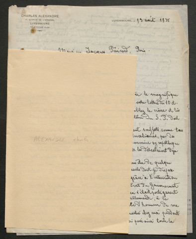 Témoignage de Alexandre, Charles (Président de la Société Française de Bienfaisance) et correspondance avec Jacques Péricard