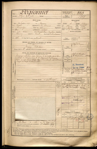 Légionnet, Ulyse Jules, né le 20 février 1870 à Ronssoy (Somme), classe 1890, matricule n° 555, Bureau de recrutement de Péronne