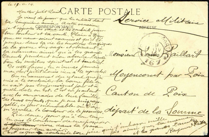 Carte postale intitulée "Saint-Dizier. Hôtel de ville". Correspondance de Raymond Paillart à sa fils Louis