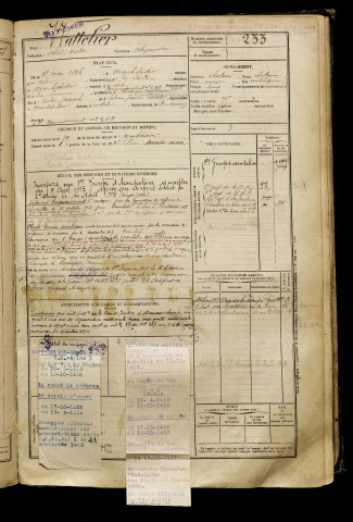 Wattelier, Abel Victor, né le 18 mai 1896 à Montdidier (Somme), classe 1916, matricule n° 233, Bureau de recrutement de Péronne