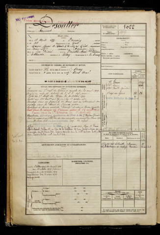 Desoutter, Samuel, né le 18 avril 1899 à Denain (Nord), classe 1919, matricule n° 1022, Bureau de recrutement de Péronne