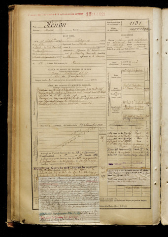 Hénon, Henri, né le 11 septembre 1877 à Solesmes (Nord), classe 1897, matricule n° 1131, Bureau de recrutement de Péronne