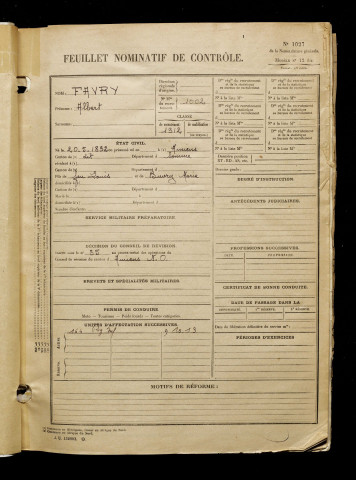 Favry, Albert, né le 20 mai 1892 à Amiens (Somme), classe 1912, matricule n° 1002, Bureau de recrutement d'Amiens