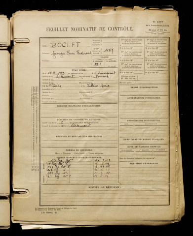Boclet, Georges Henri Ferdinand, né le 15 juillet 1891 à Senarpont (Somme), classe 1911, matricule n° 1167, Bureau de recrutement d'Amiens