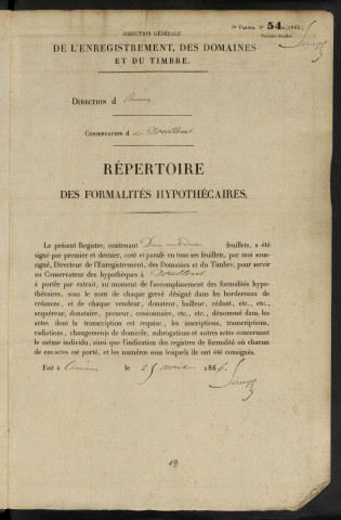 Répertoire des formalités hypothécaires, du 25/01/1867 au 21/05/1867, volume n° 113 (Conservation des hypothèques de Doullens)