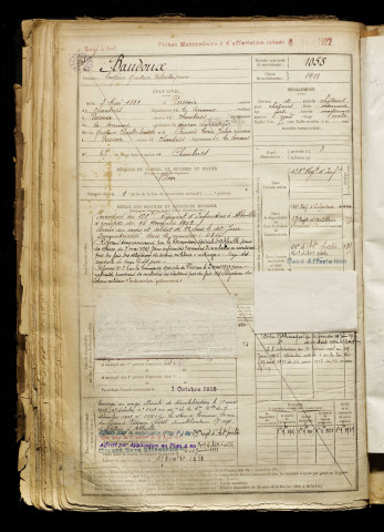 Baudoux, Eugène Gustave Valentin, né le 03 mai 1881 à Ablaincourt-Pressoir (Somme), classe 1901, matricule n° 1058, Bureau de recrutement de Péronne