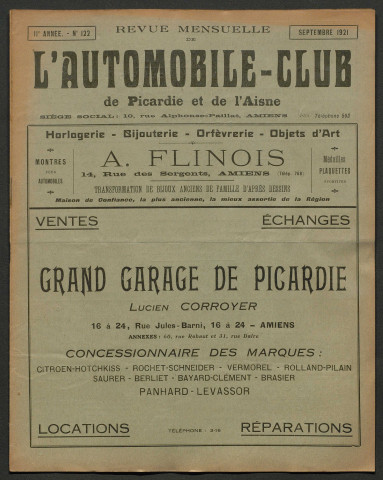 L'Automobile-club de Picardie et de l'Aisne. Revue mensuelle, 122, septembre 1921