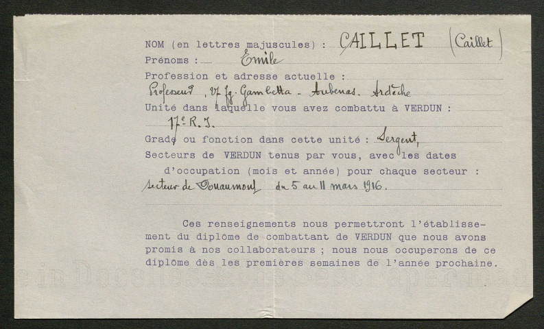 Témoignage de Caillet, Emile et correspondance avec Jacques Péricard