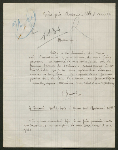 Témoignage de Giraud, G. (Sergent) et correspondance avec Jacques Péricard