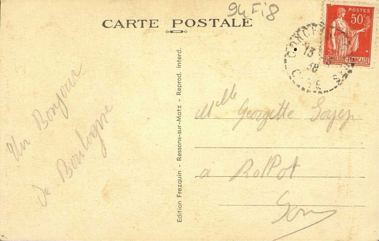 Boulogne-la-Grasse (Oise). Le château vu du parc. Carte adressée à Madame Georgette Soyez à Rollot le 13 mars 1938