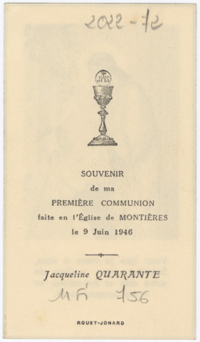 Le Christ donnant la communion à une jeune fille. Souvenir de première communion de Jacqueline Quarante faite en l'église de Montières le 9 juin 1946