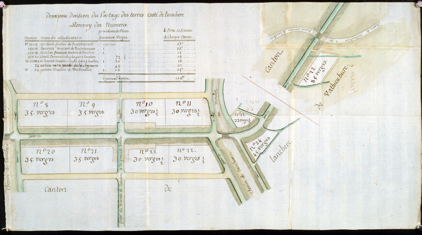 Plan et partage de 12 journaux de terrain communal de Lanchères traversé par le canal, loués et affermés à seize particuliers