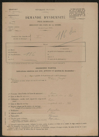 Fins. Demande d'indemnisation des dommages de guerre : dossier Dhénin-Granger