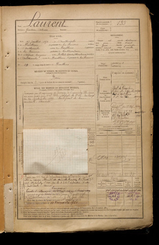 Laurent, Gaston Alexis, né le 17 juillet 1875 à Authieule (Somme), classe 1895, matricule n° 135, Bureau de recrutement d'Abbeville
