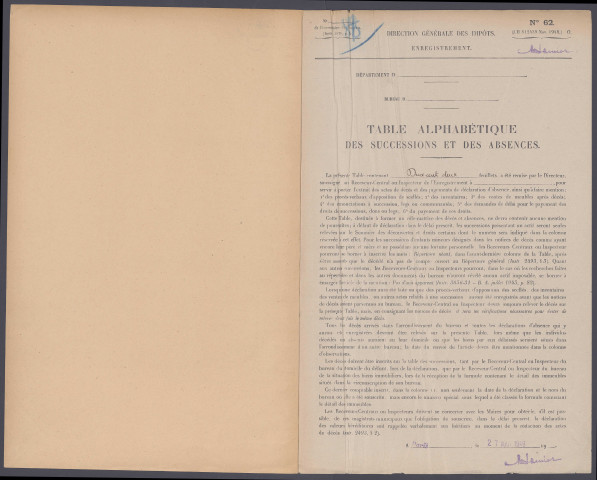 Table des successions et absences du bureau d'Amiens