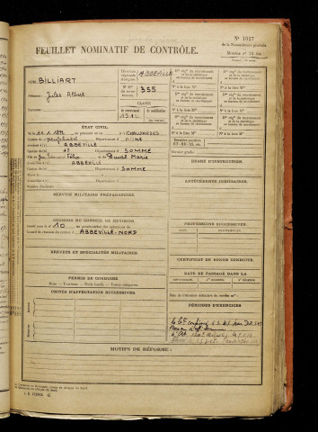 Billiart, Jules Albert, né le 11 janvier 1892 à Chaudardes (Aisne), classe 1912, matricule n° 355, Bureau de recrutement d'Abbeville