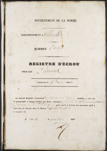 Maison d'arrêt d'Abbeville. Prévenus. Registre d'écrou : numéros 1 à [423]. 15 janvier 1848 - 10 octobre 1850