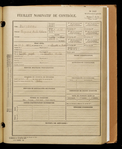 Blondeau, Raymond Emile Alphonse, né le 27 mars 1893 à Lamotte-Warfusée (Somme), classe 1913, matricule n° 671, Bureau de recrutement d'Amiens
