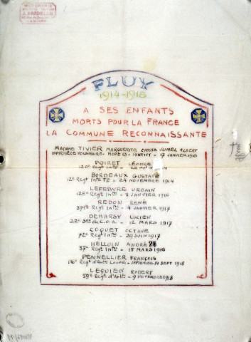 Guerre 1914-1918. Projet de plaque commémorative pour le monument aux morts
