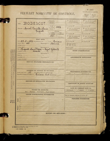 Bodescot, Marcel Camille Louis Auguste, né le 28 juin 1891 à Amiens (Somme), classe 1911, matricule n° 883, Bureau de recrutement d'Amiens