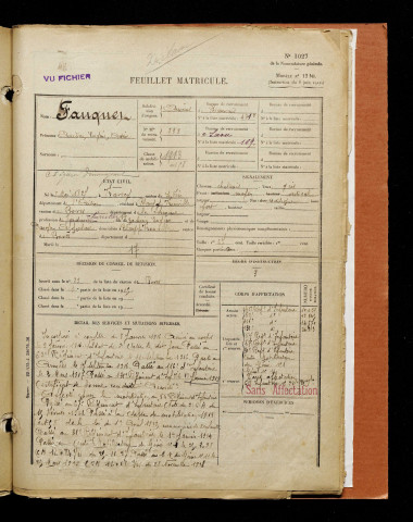 Fauquet, Aurélien Eugène Arsène, né le 08 mai 1897 à Travecy (Aisne), classe 1917, matricule n° 233, Bureau de recrutement d'Amiens