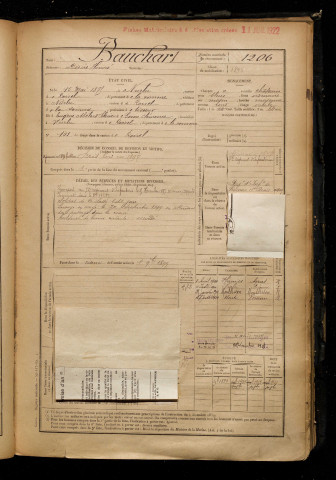 Bauchart, Désiré Honoré, né le 15 mai 1875 à Nurlu (Somme), classe 1895, matricule n° 1206, Bureau de recrutement de Péronne