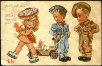 Carte postale illustrée humoristique représentant deux garçons en uniforme militaire allié près dune Jeep regardant passer une jeune fille française et s'exclamant "Quelle joile fille ! What a beautiful girl !"