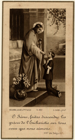 Le Christ donnant la communion à un premier communiant. Souvenir de 1ère communion de Robert Hannès, faite à Pris, en l'église Saint-Michel des Batignolles, le 19 mai 1938