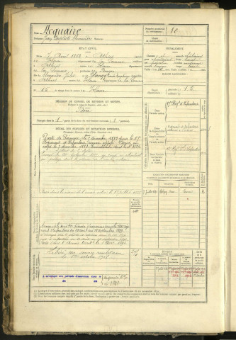 Acquaire, Jean Baptiste Alexandre, né le 7 avril 1862 à Athies (Somme, France), classe 1882, matricule n° 10, Bureau de recrutement de Péronne