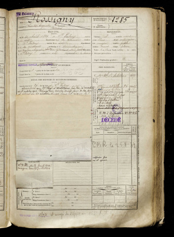 Rossigny, Charles Augustin Bernard, né le 20 août 1889 à Saint-Valery-sur-Somme (Somme), classe 1909, matricule n° 1285, Bureau de recrutement d'Abbeville